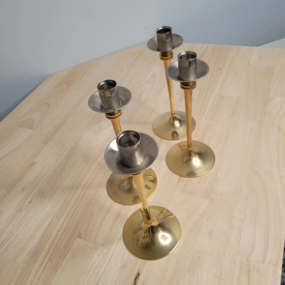 Vtg Scandia Guldgold Karlshamn Sweden 24K‎ Gold Plated Brass 4 Candlesticks  MCM
